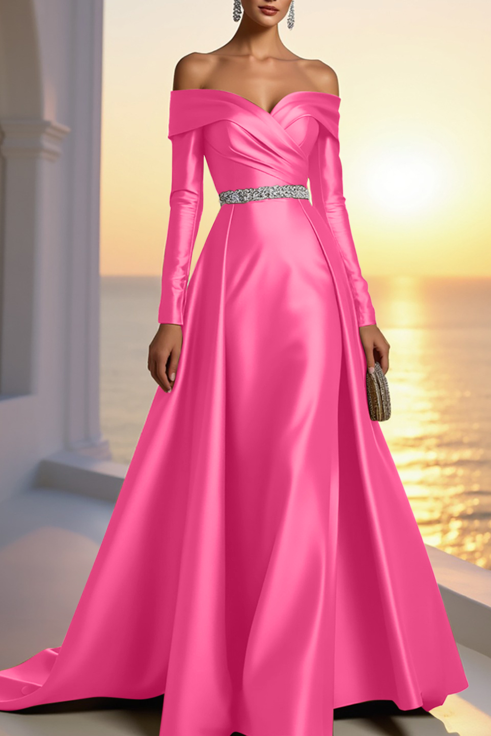 Formal Gold Satin Dress Off The Shoulder Long Sleeve Maxi Gown