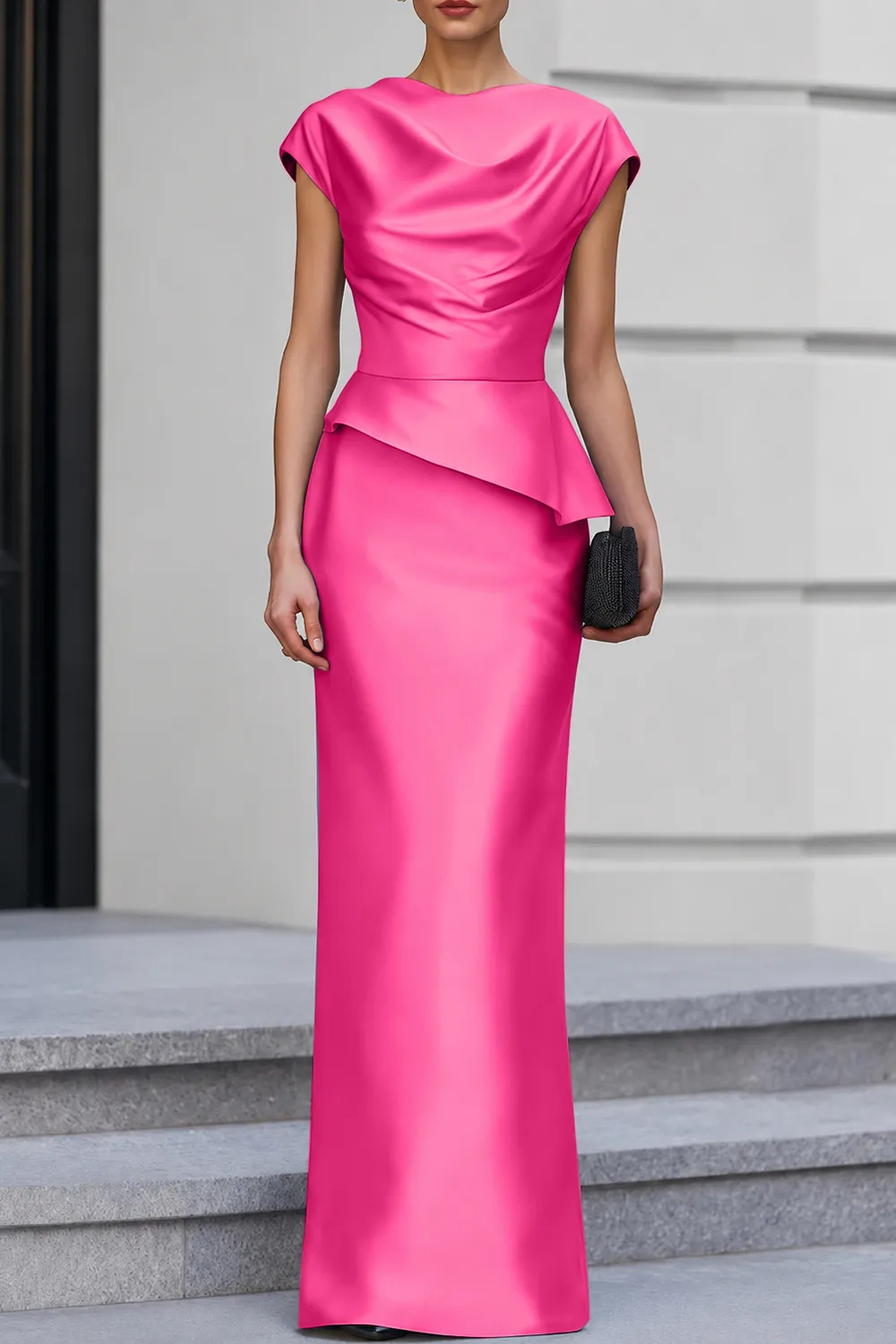 Navy Blue Cap Sleeve Satin Cowl Neck Peplum Maxi Dress