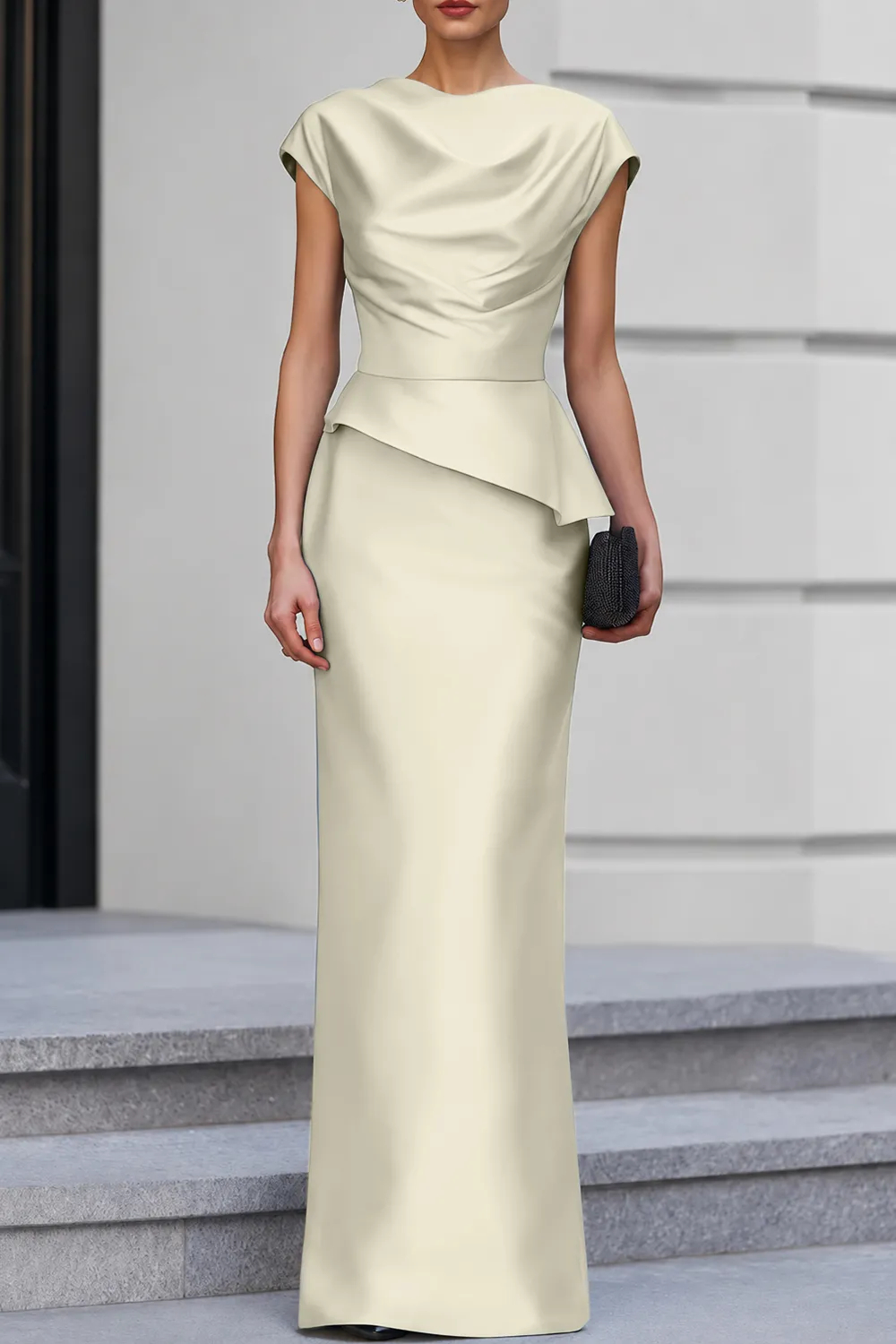 Navy Blue Cap Sleeve Satin Cowl Neck Peplum Maxi Dress