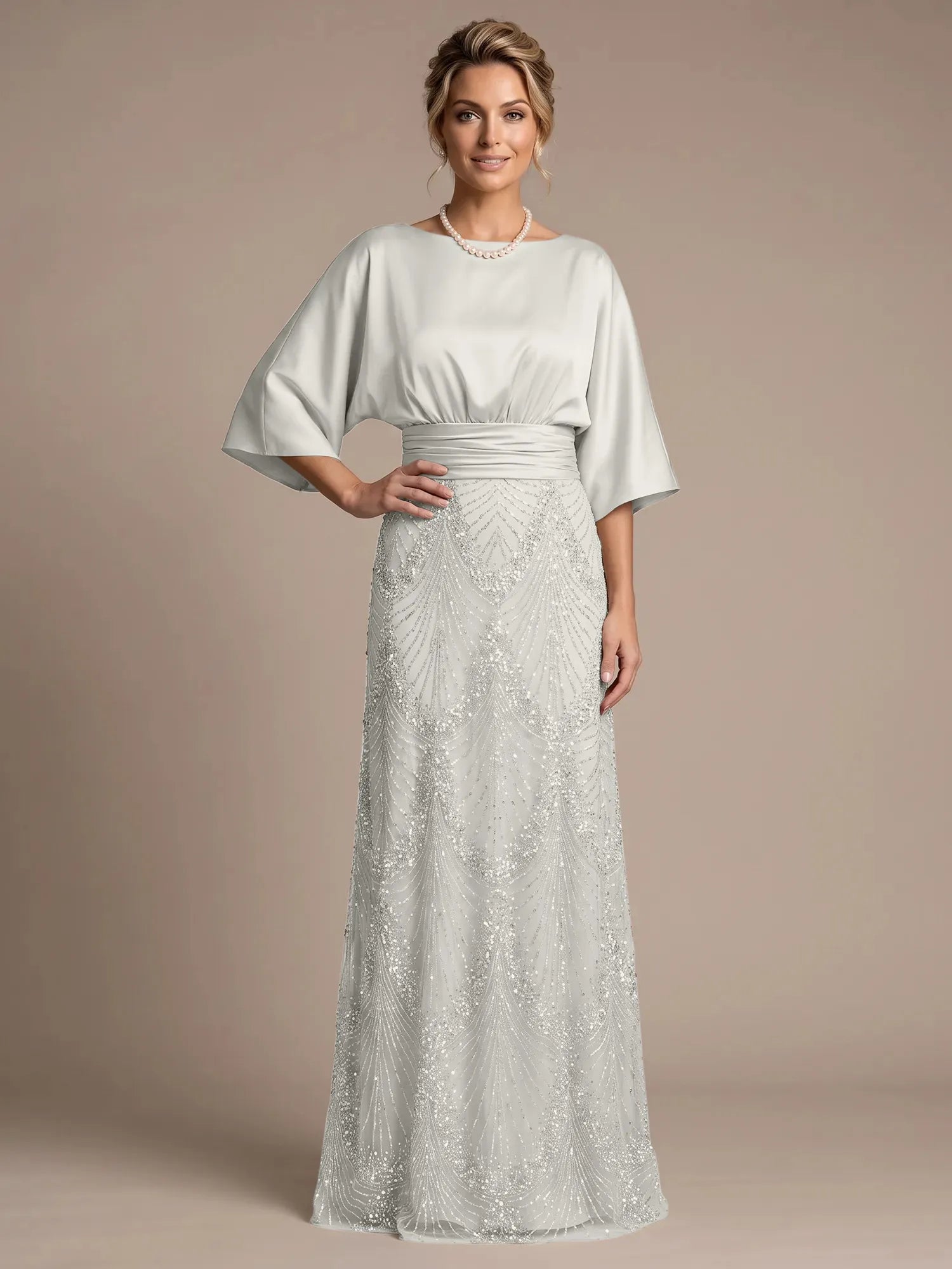 Champagne Bateau Neck Satin 3/4 Batwing Sleeves Maxi Dress