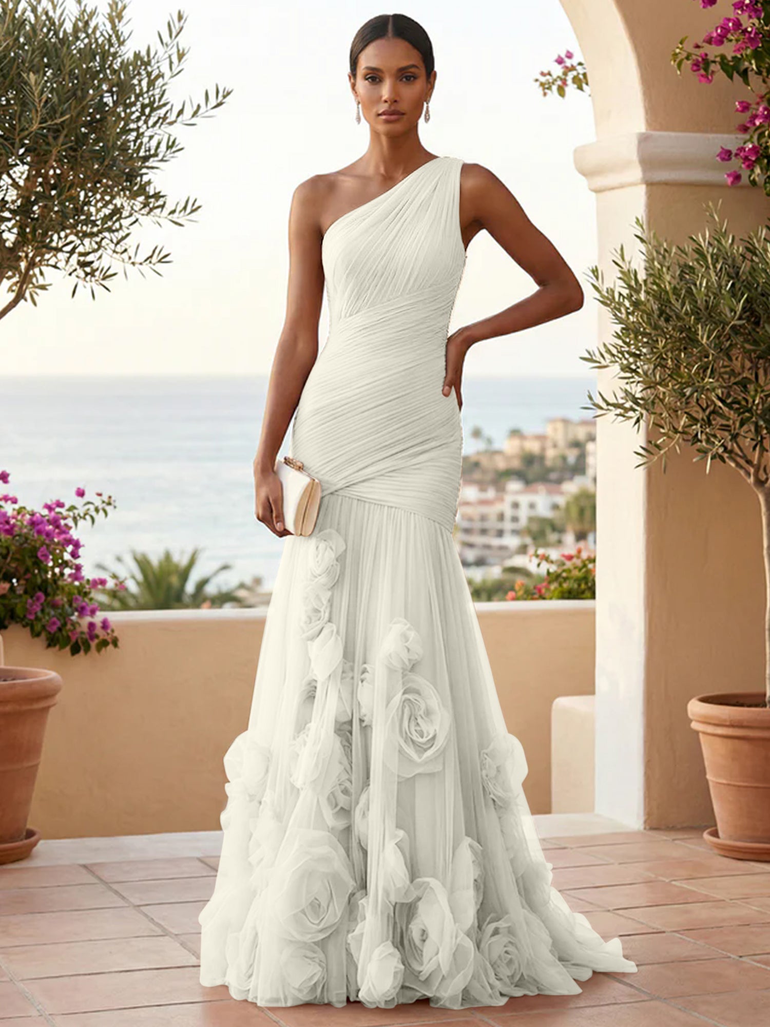 Sweetheart Tulle Pleat One Shoulder Mermaid Evening Dresses Gown with 3D Flower