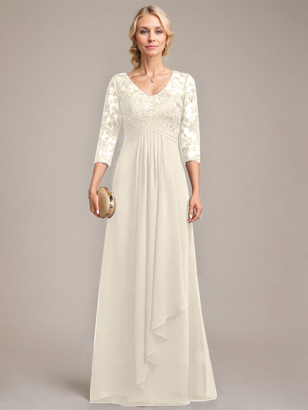 A-line V-Neck Floor-Length Lace Chiffon Mother of the Bride Dress With Cascading Ruffles Sequins