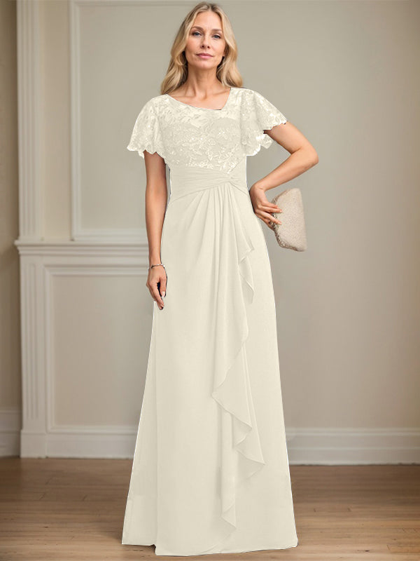 A-line Asymmetrical Illusion Floor-Length Lace Chiffon Mother of the Bride Dress With Cascading Ruffles Sequins
