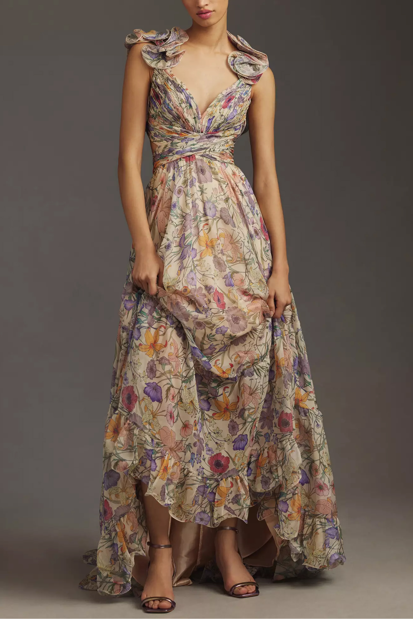 Floral Pleated Backless Lace Up Maxi Dress