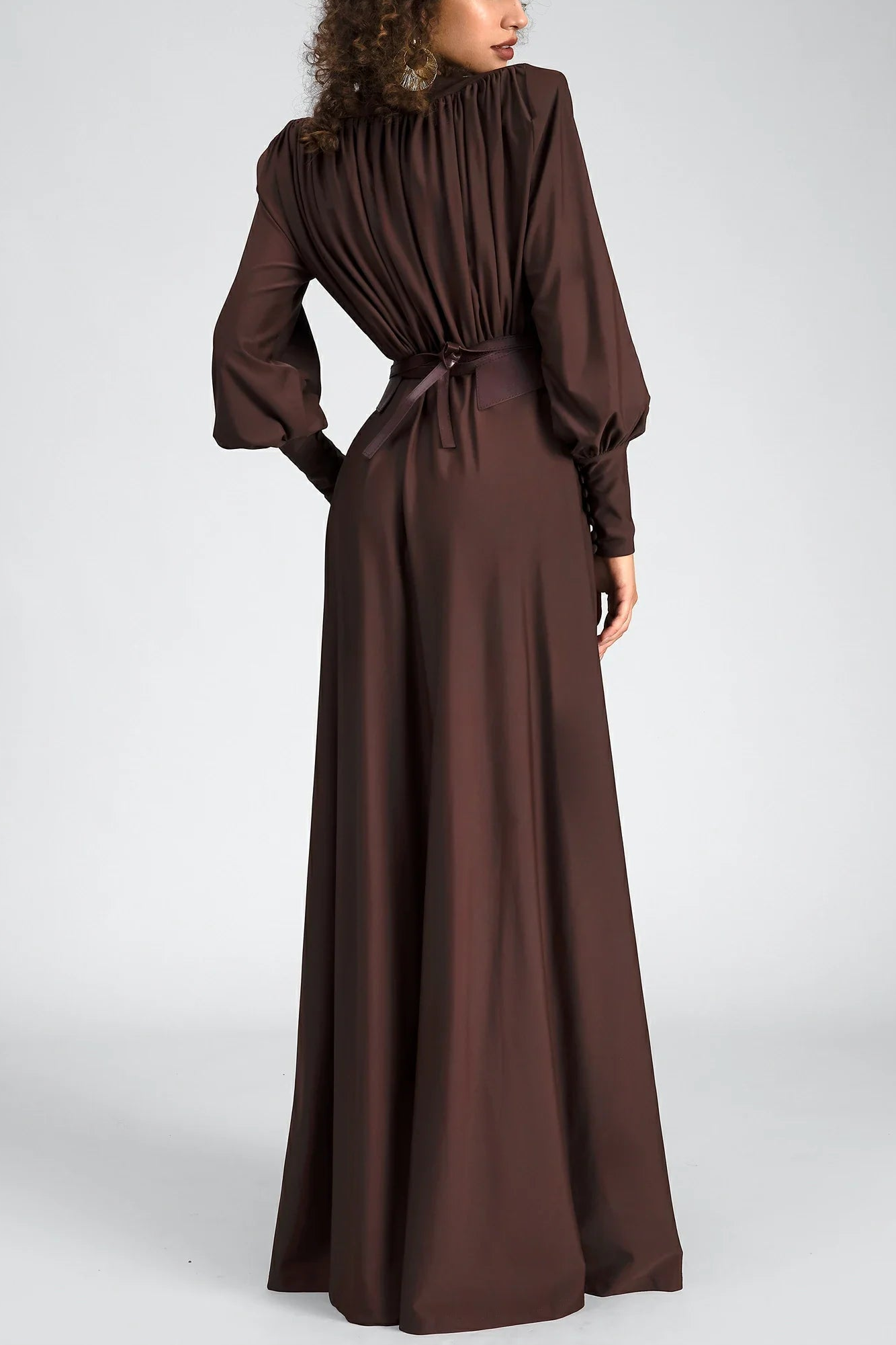 Gathered Long Sleeve Maxi Dress With Belt