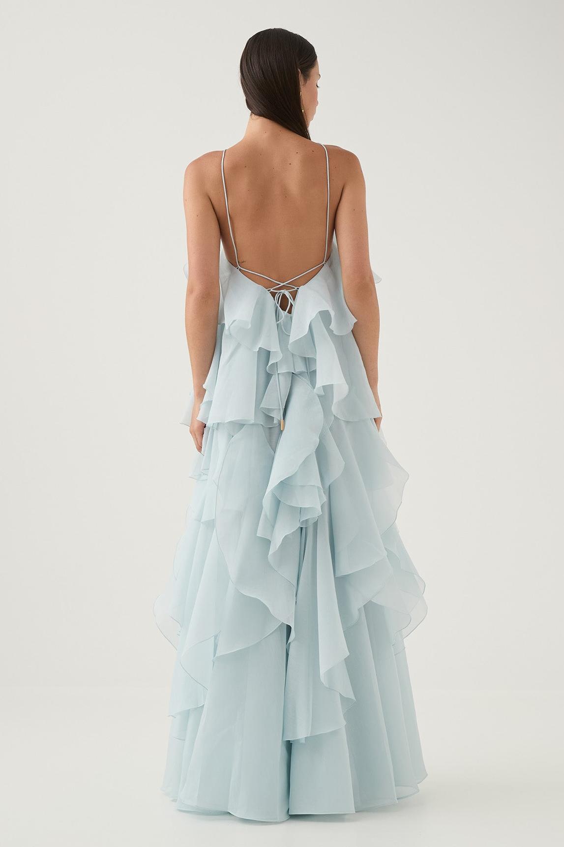 3D Flower Halter Neck Frill Maxi Dress