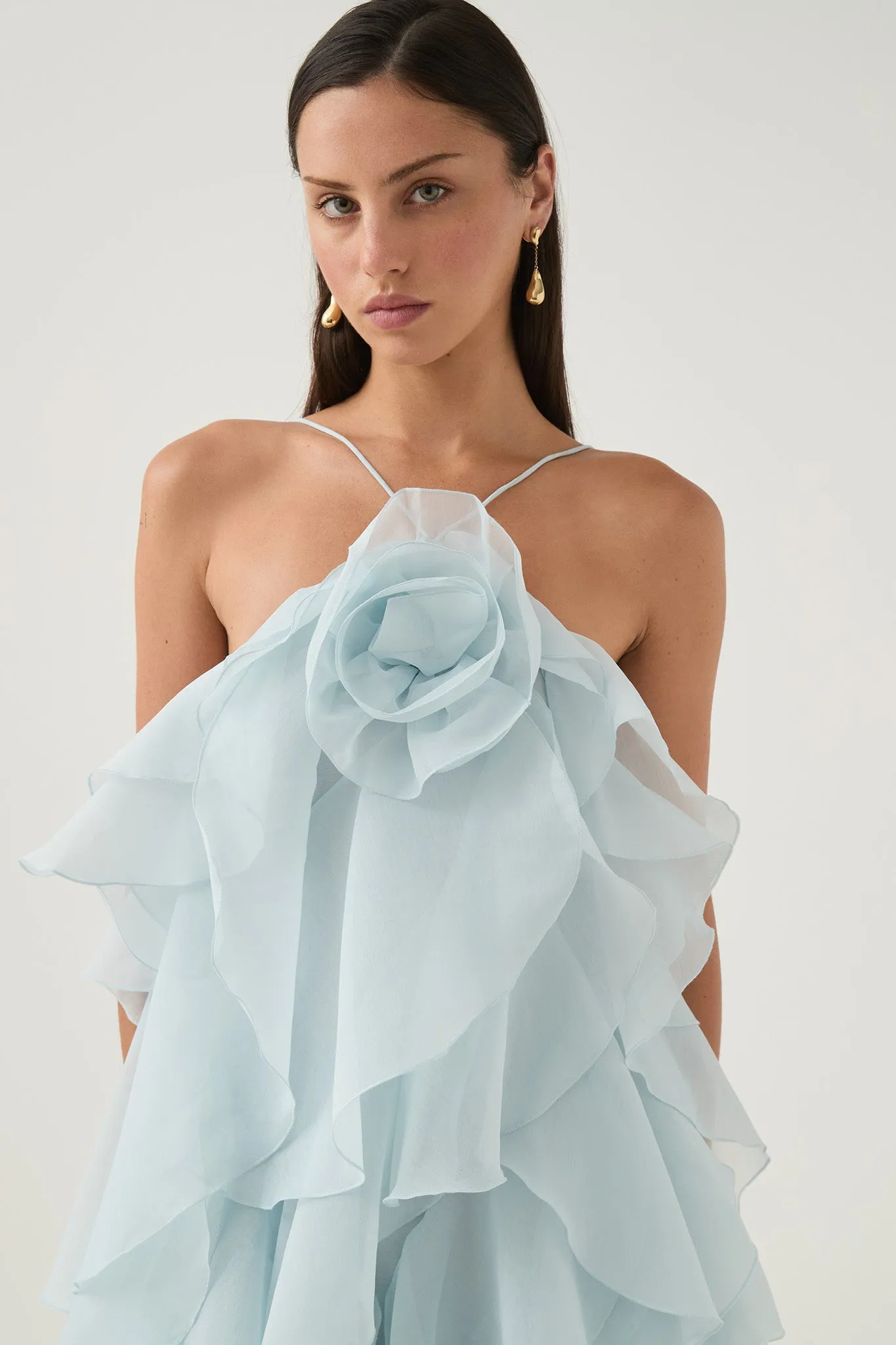 3D Flower Halter Neck Frill Maxi Dress