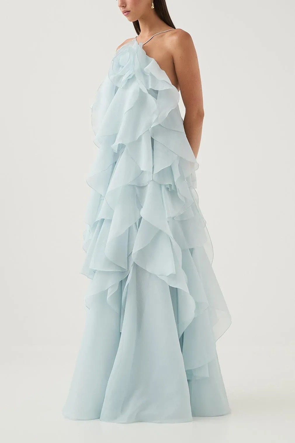 3D Flower Halter Neck Frill Maxi Dress