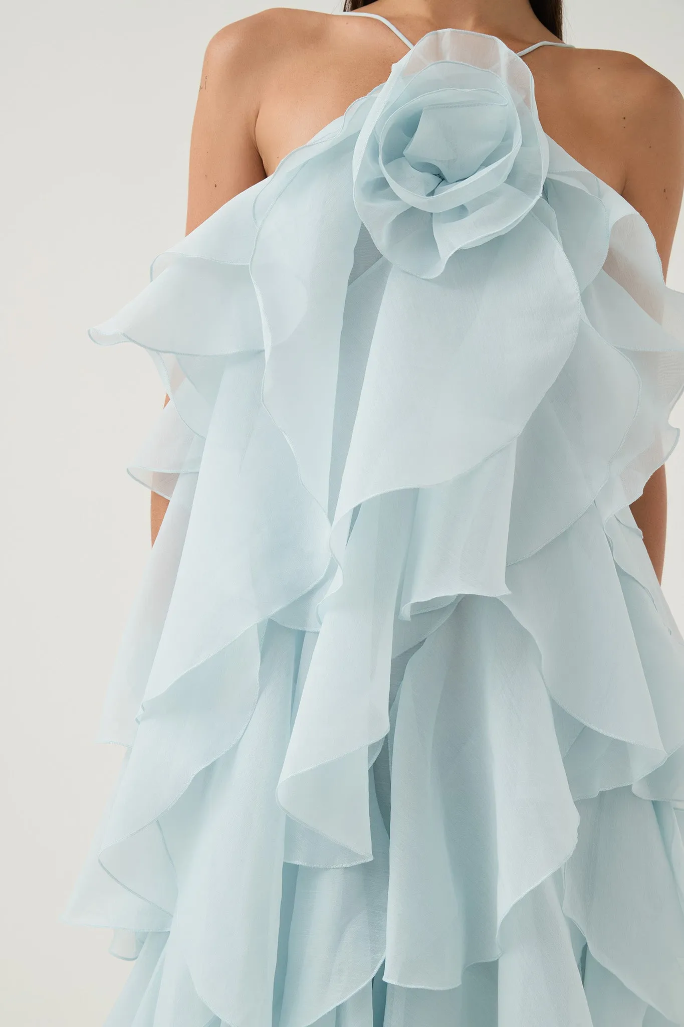 3D Flower Halter Neck Frill Maxi Dress