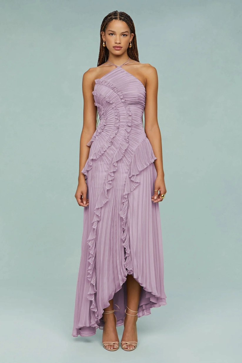 Pleated Suspender Long Dress With Slits