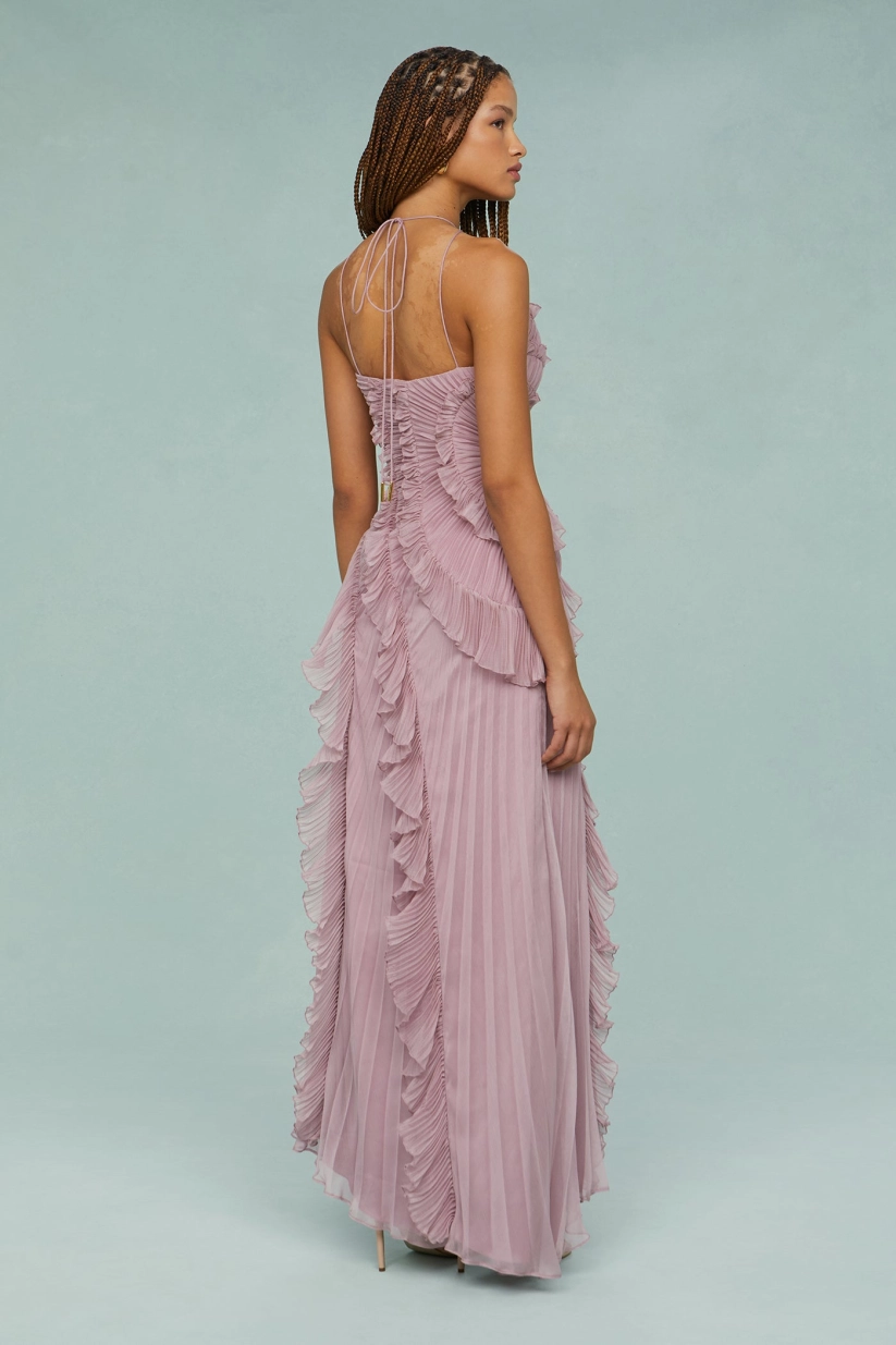 Pleated Suspender Long Dress With Slits