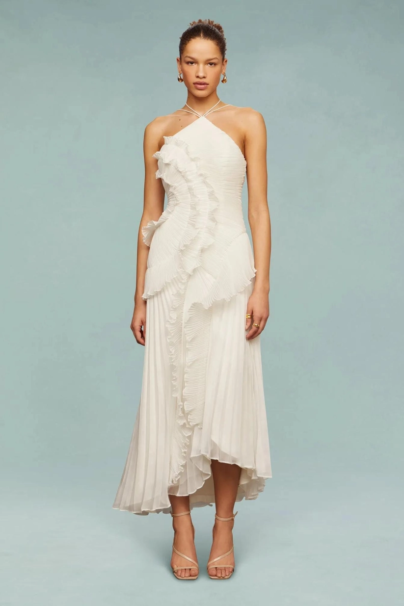 Pleated Suspender Long Dress With Slits