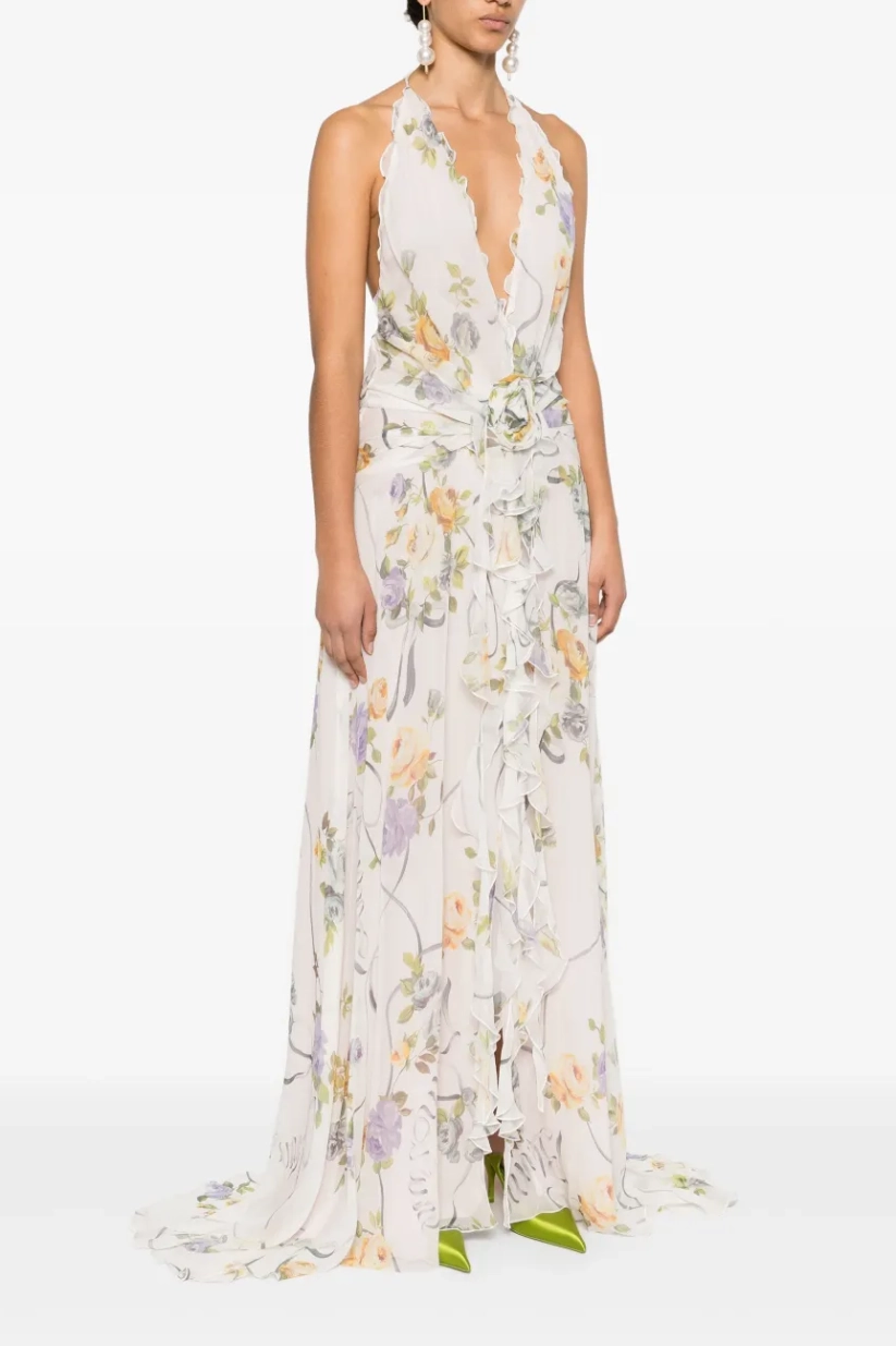 3D Flower Chiffon Ruffle Maxi Dress