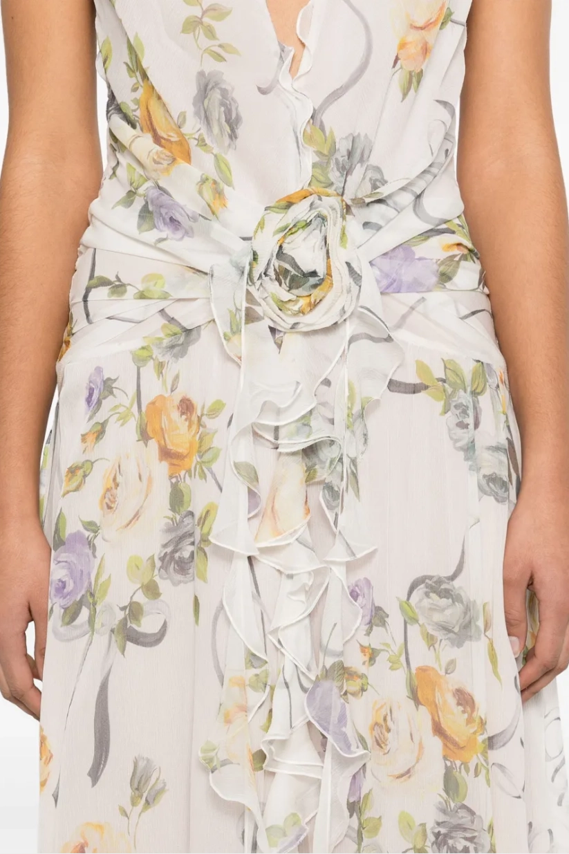 3D Flower Chiffon Ruffle Maxi Dress