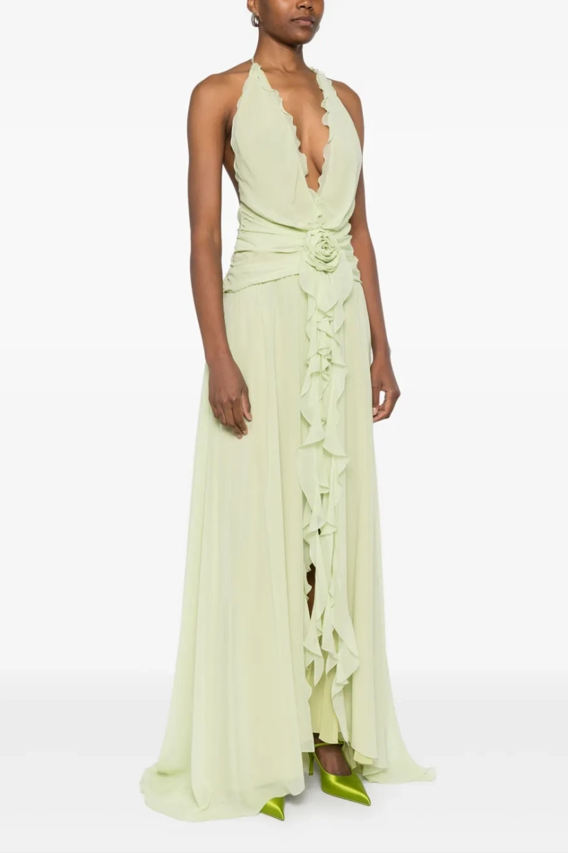 3D Flower Chiffon Ruffle Maxi Dress