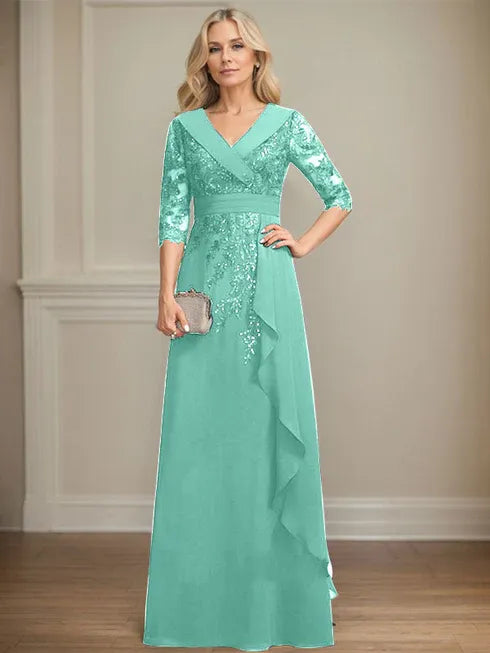 A-line Collared V-Neck Floor-Length Lace Chiffon Mother of the Bride Dress With Sequins Cascading Ruffles