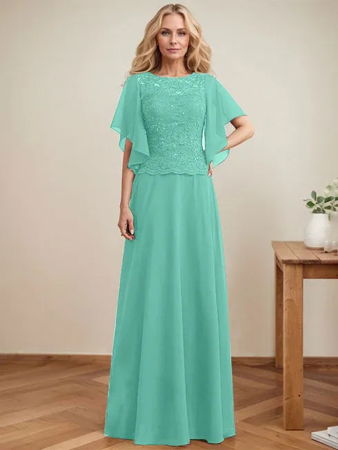 A-line Scoop Illusion Floor-Length Lace Chiffon Mother of the Bride Dress With Sequins