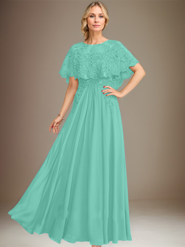 A-line Boat Neck Floor-Length Lace Chiffon Mother of the Bride Dress With Applique Sequins