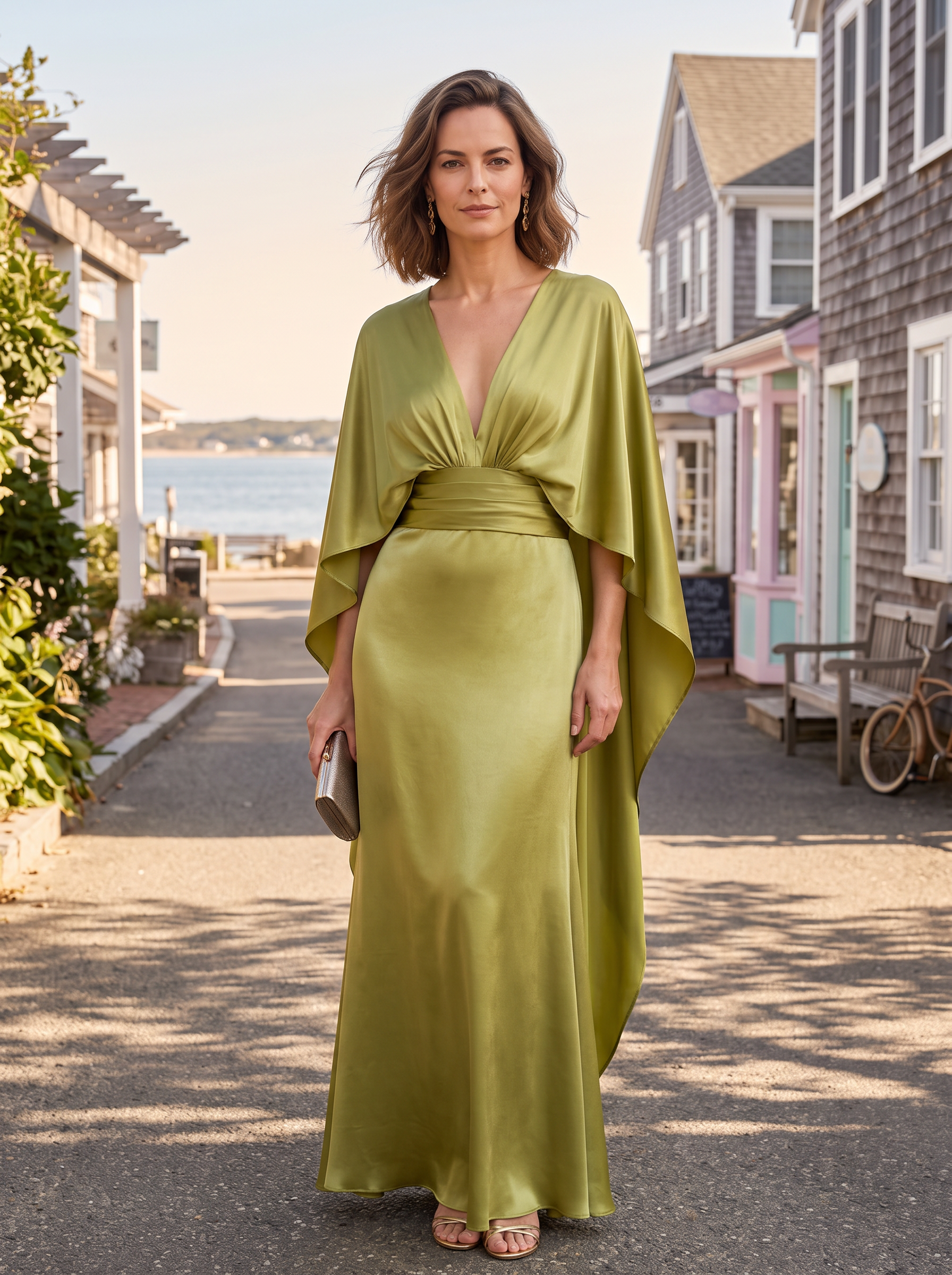 Olive Green Satin Deep V Cape Sleeve Belted Mermaid Maxi Dress