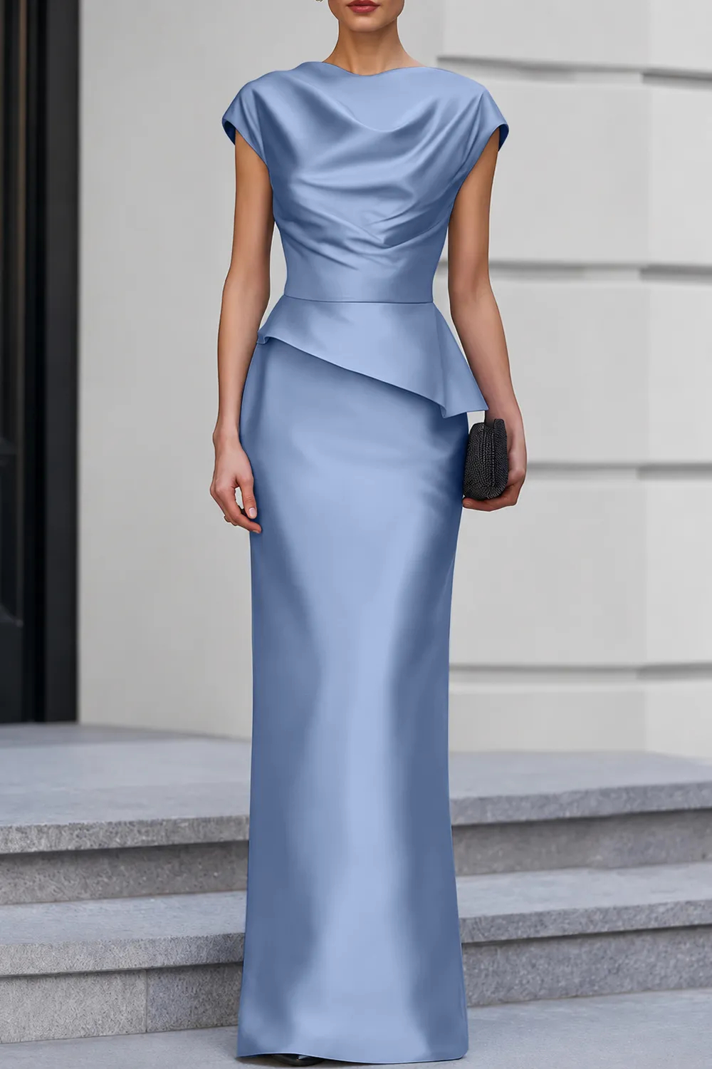 Navy Blue Cap Sleeve Satin Cowl Neck Peplum Maxi Dress