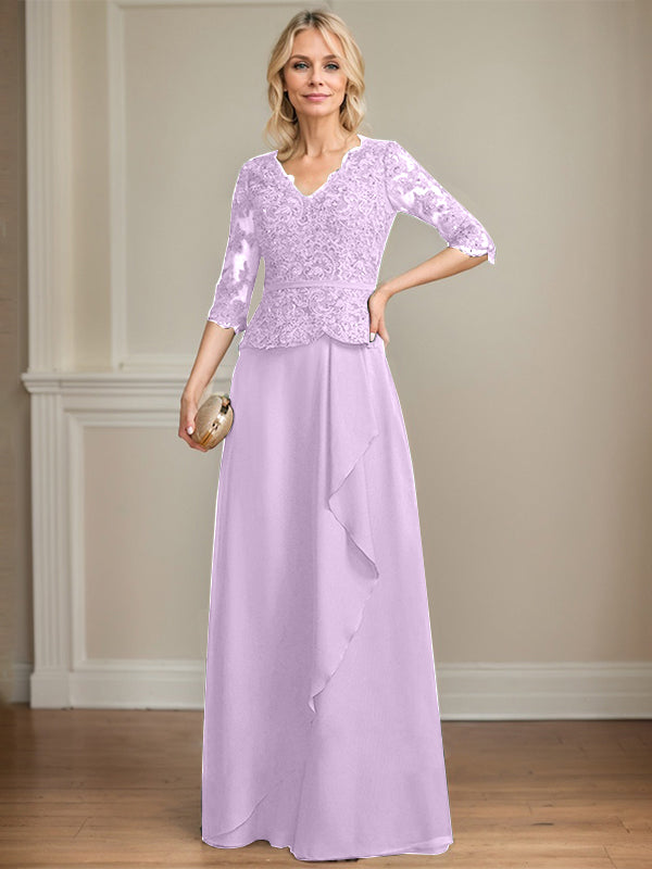 A-line V-Neck Floor-Length Lace Chiffon Mother of the Bride Dress With Cascading Ruffles Sequins