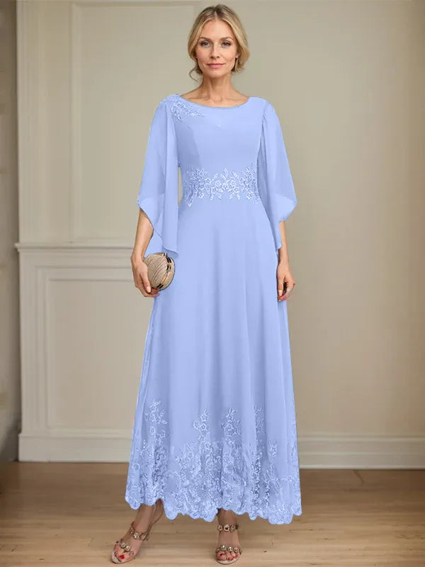 A-line Scoop Illusion Ankle-Length Lace Chiffon Mother of the Bride Dress With Sequins