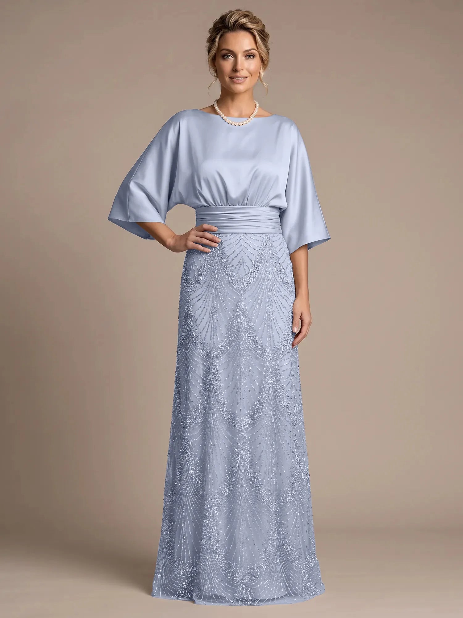 Champagne Bateau Neck Satin 3/4 Batwing Sleeves Maxi Dress