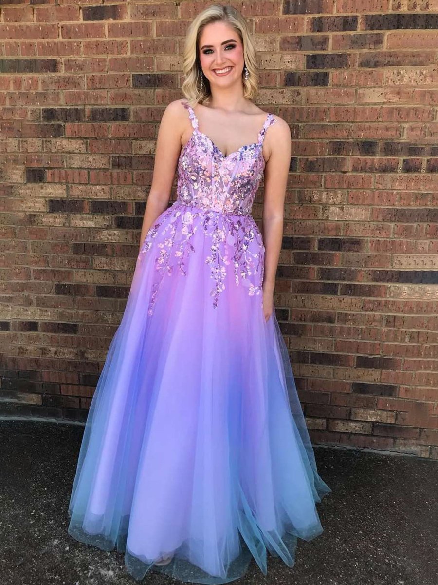 Lavender A-Line Straps Empire-Waist Tulle Prom Dress with Appliques