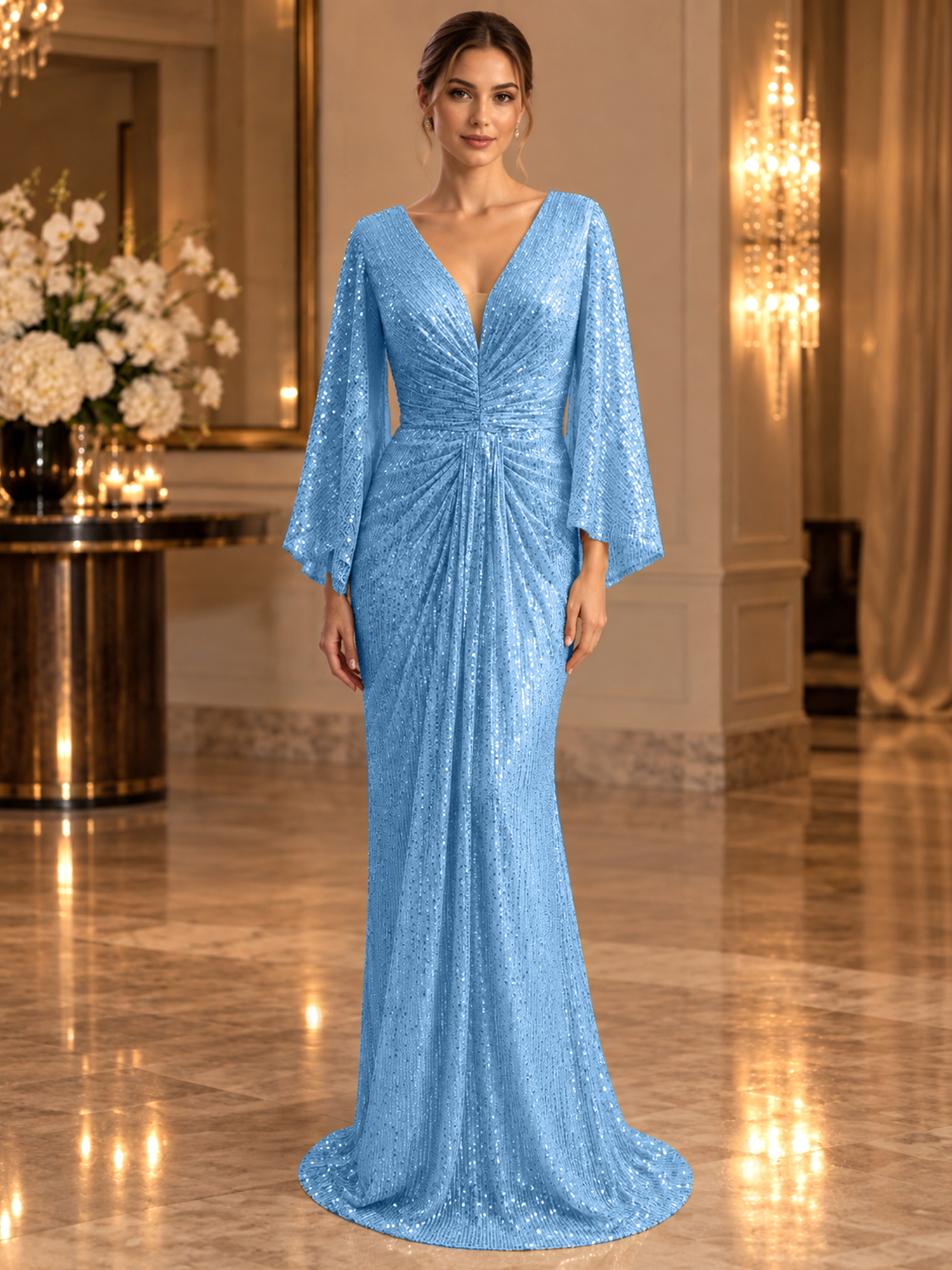 Gold Sequined V Neck Flare Sleeve Mermaid Maxi Dress