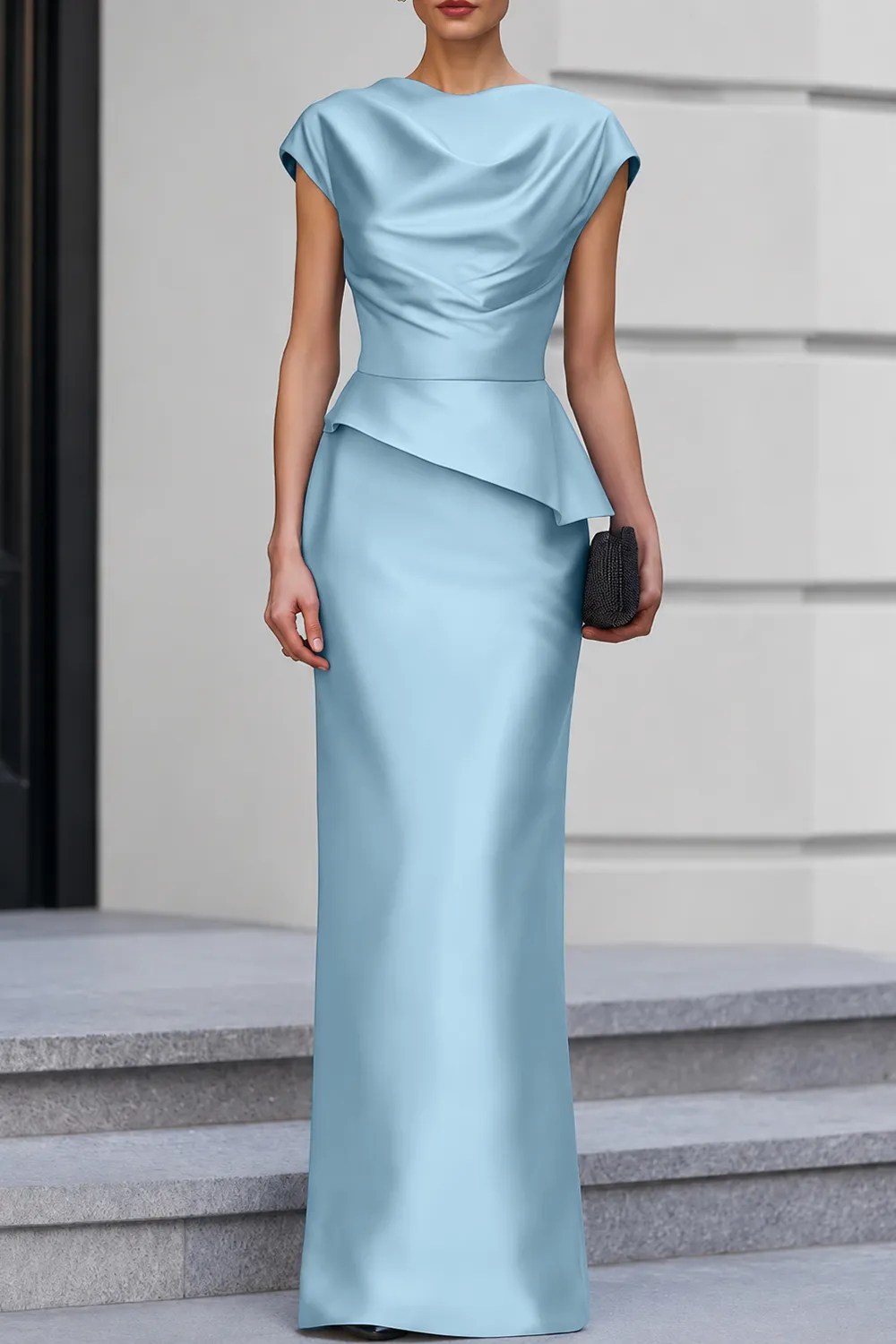 Navy Blue Cap Sleeve Satin Cowl Neck Peplum Maxi Dress