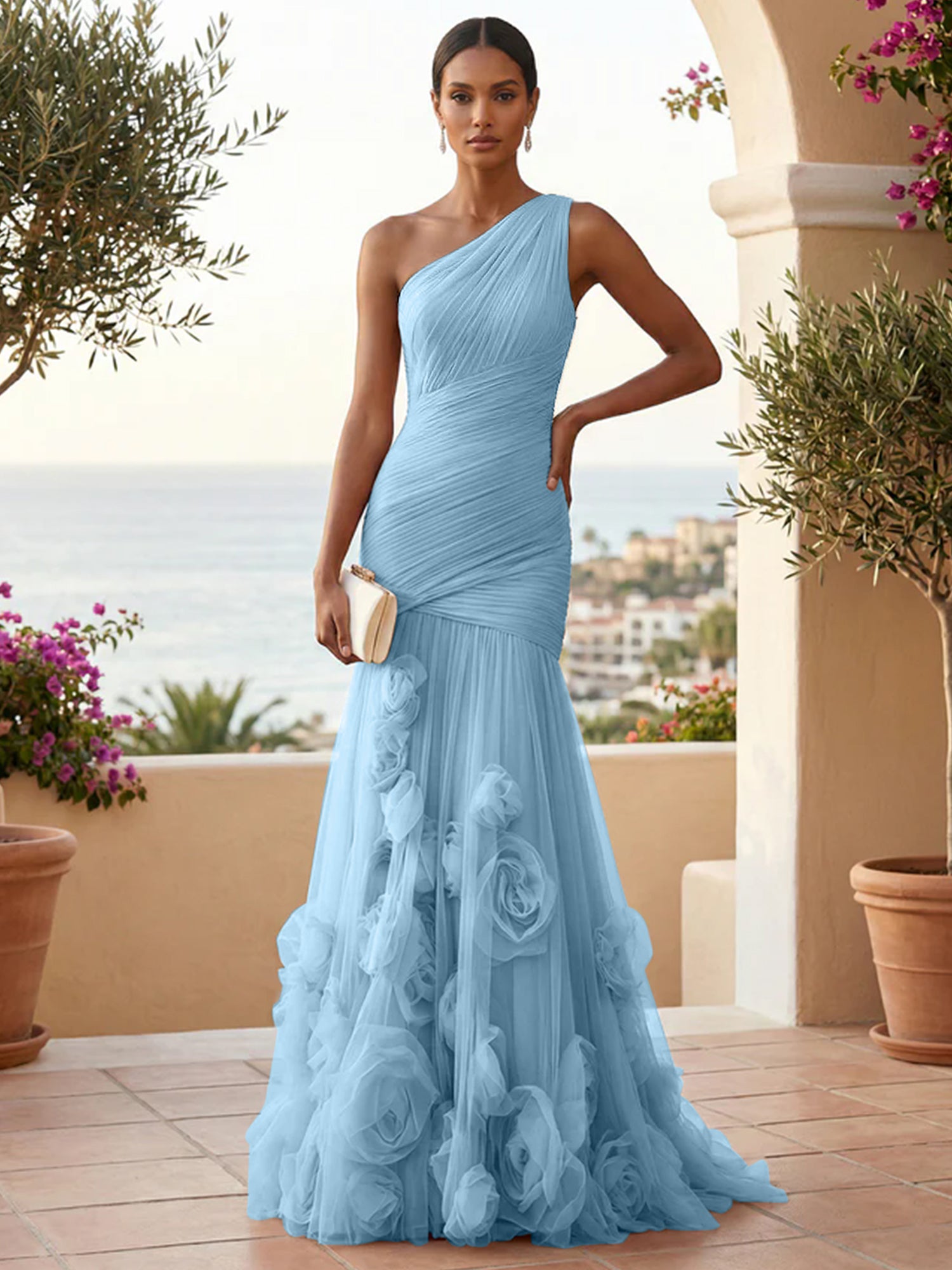 Sweetheart Tulle Pleat One Shoulder Mermaid Evening Dresses Gown with 3D Flower