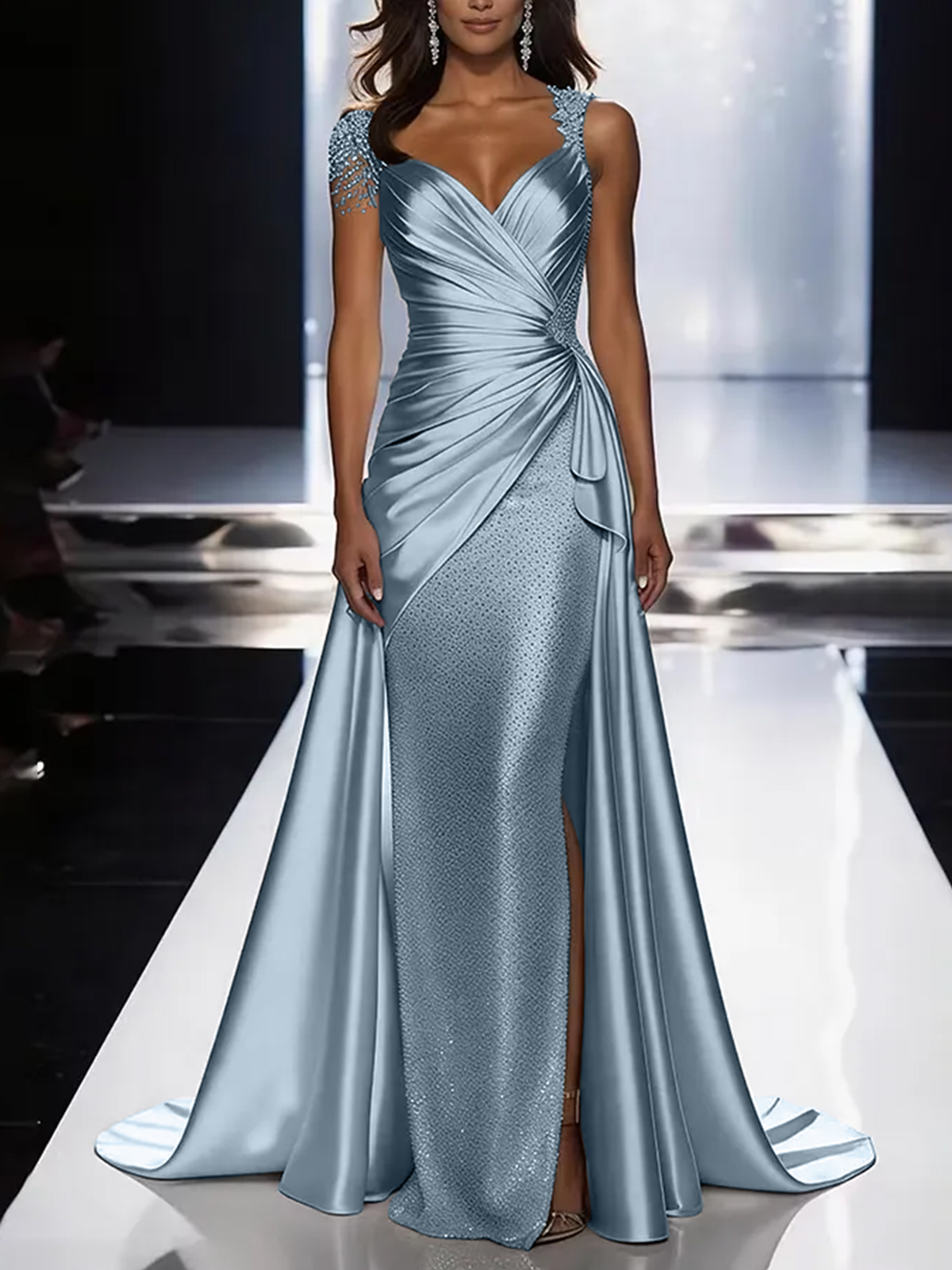 Silver Grey Deep V-Neck Draped Satin Metallic Mermaid Maxi Dress