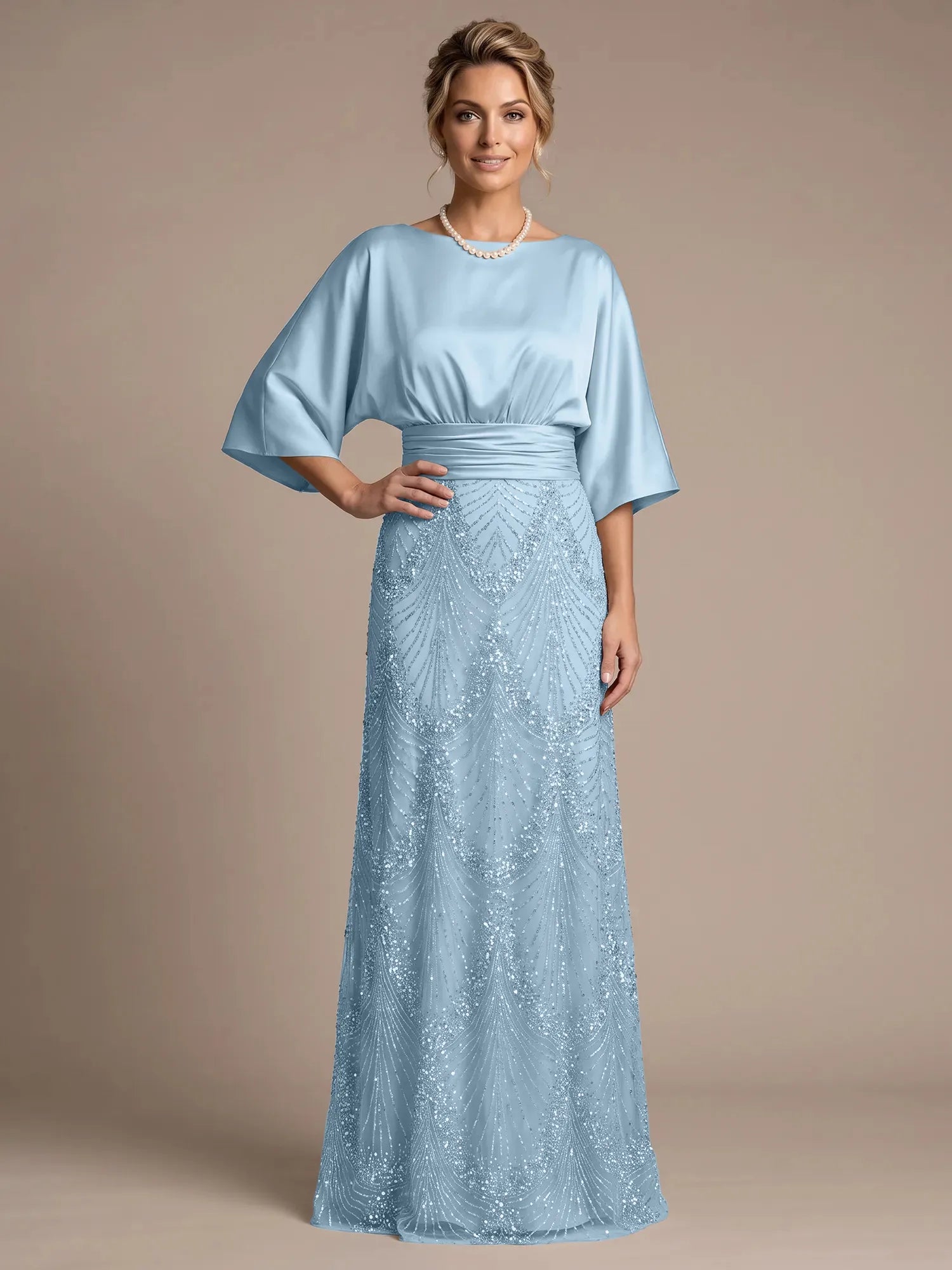 Champagne Bateau Neck Satin 3/4 Batwing Sleeves Maxi Dress