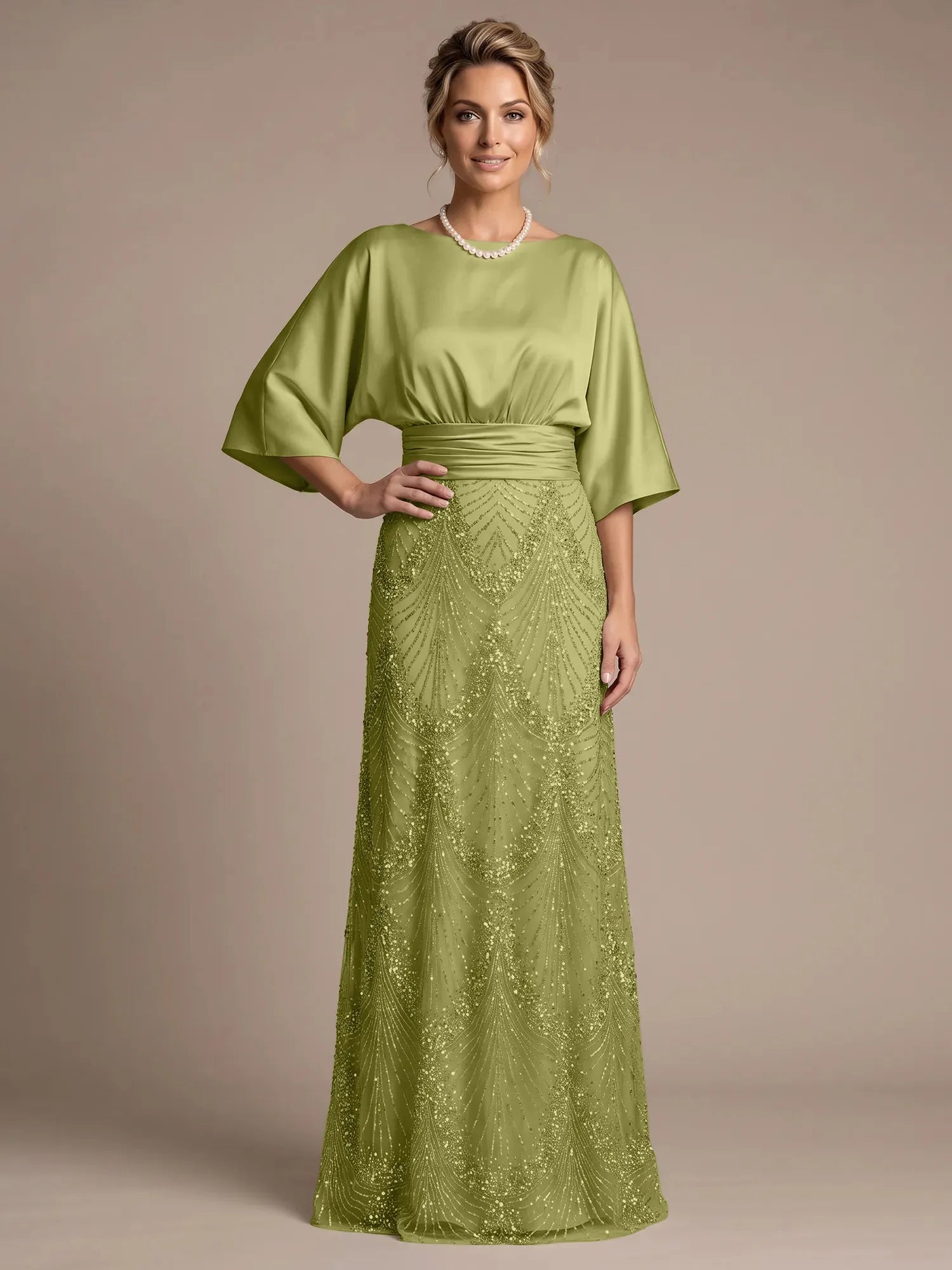 Champagne Bateau Neck Satin 3/4 Batwing Sleeves Maxi Dress