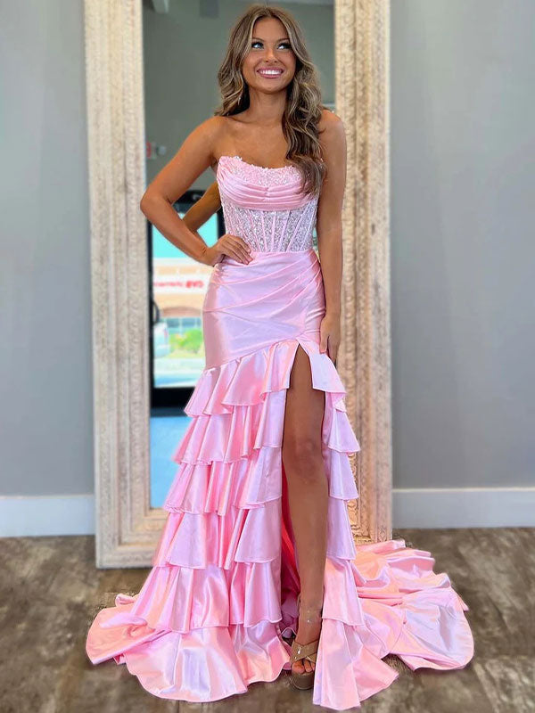Pink Mermaid Strapless Satin Tiered Long Prom Dress with Sequins