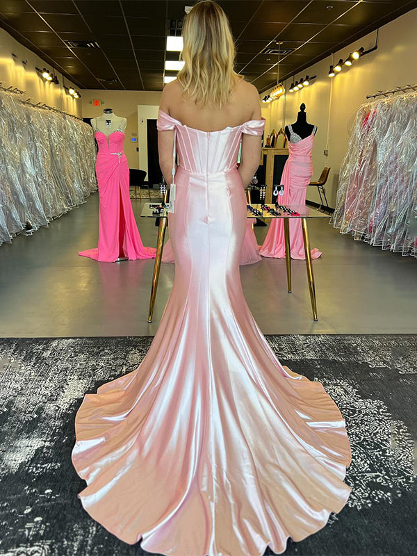 Light Pink Mermaid Off The Shoulder Corset Satin Long Prom Dress