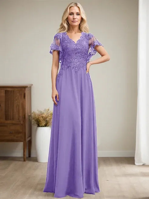 A-line V-Neck Floor-Length Lace Chiffon Mother of the Bride Dress With Sequins