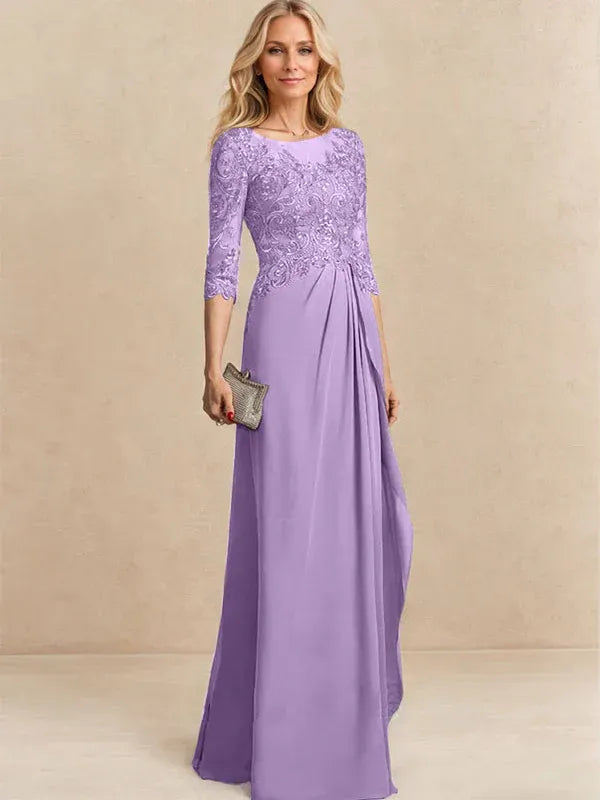 A-line Scoop Illusion Floor-Length Chiffon Lace Mother of the Bride Dress With Beading Sequins Cascading Ruffles