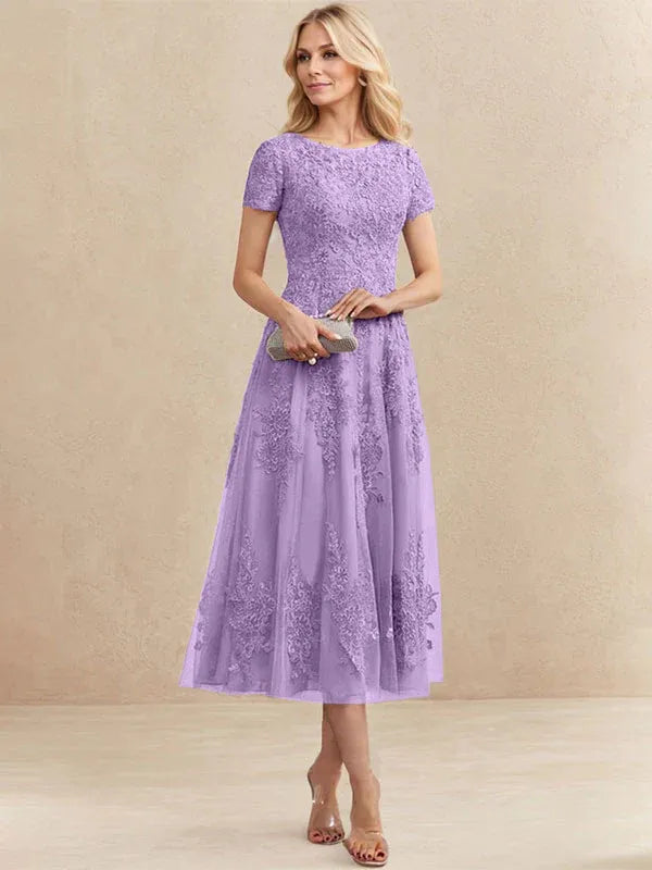 A-line Scoop Tea-Length Tulle Lace Mother of the Bride Dress