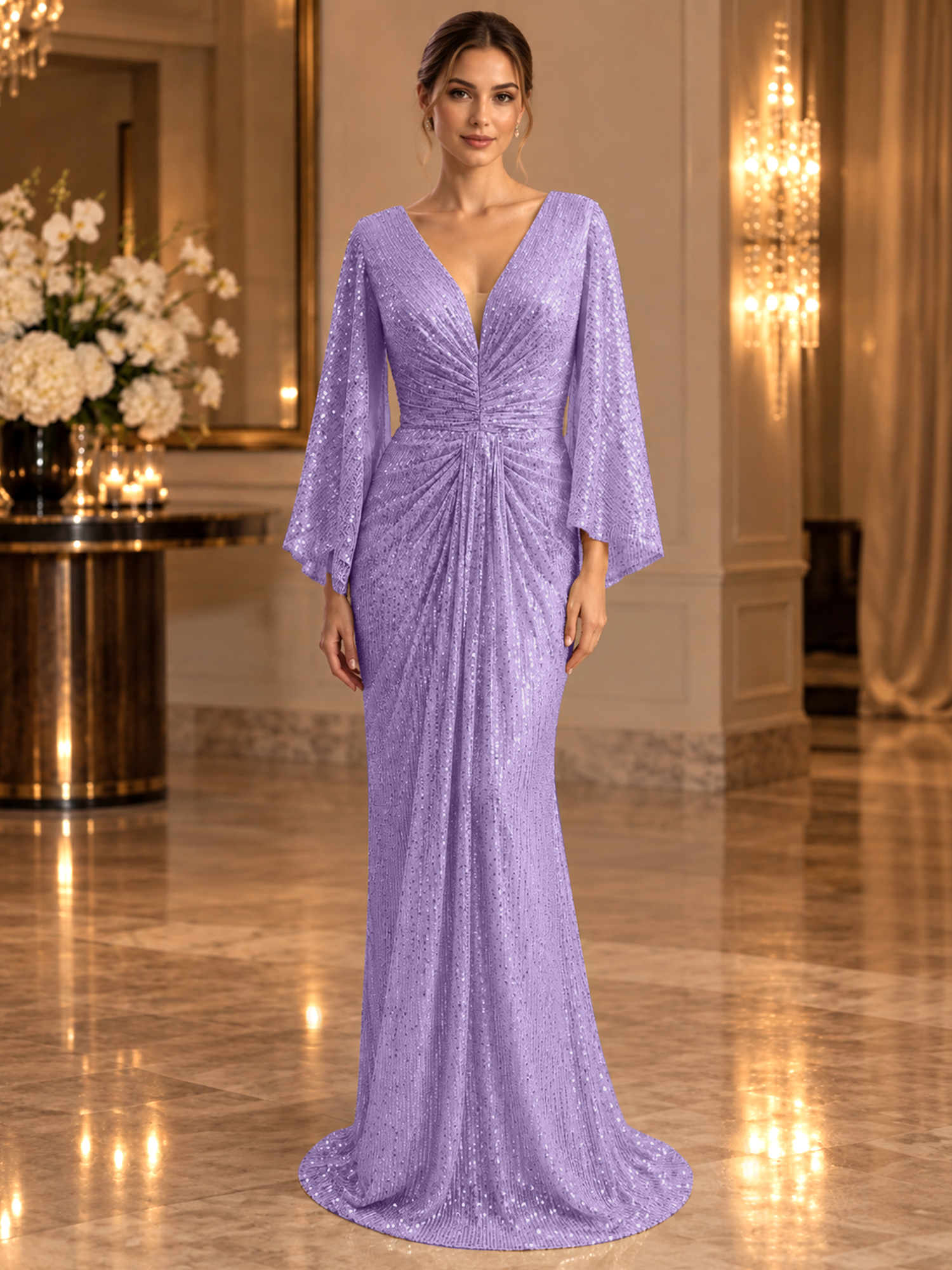 Gold Sequined V Neck Flare Sleeve Mermaid Maxi Dress