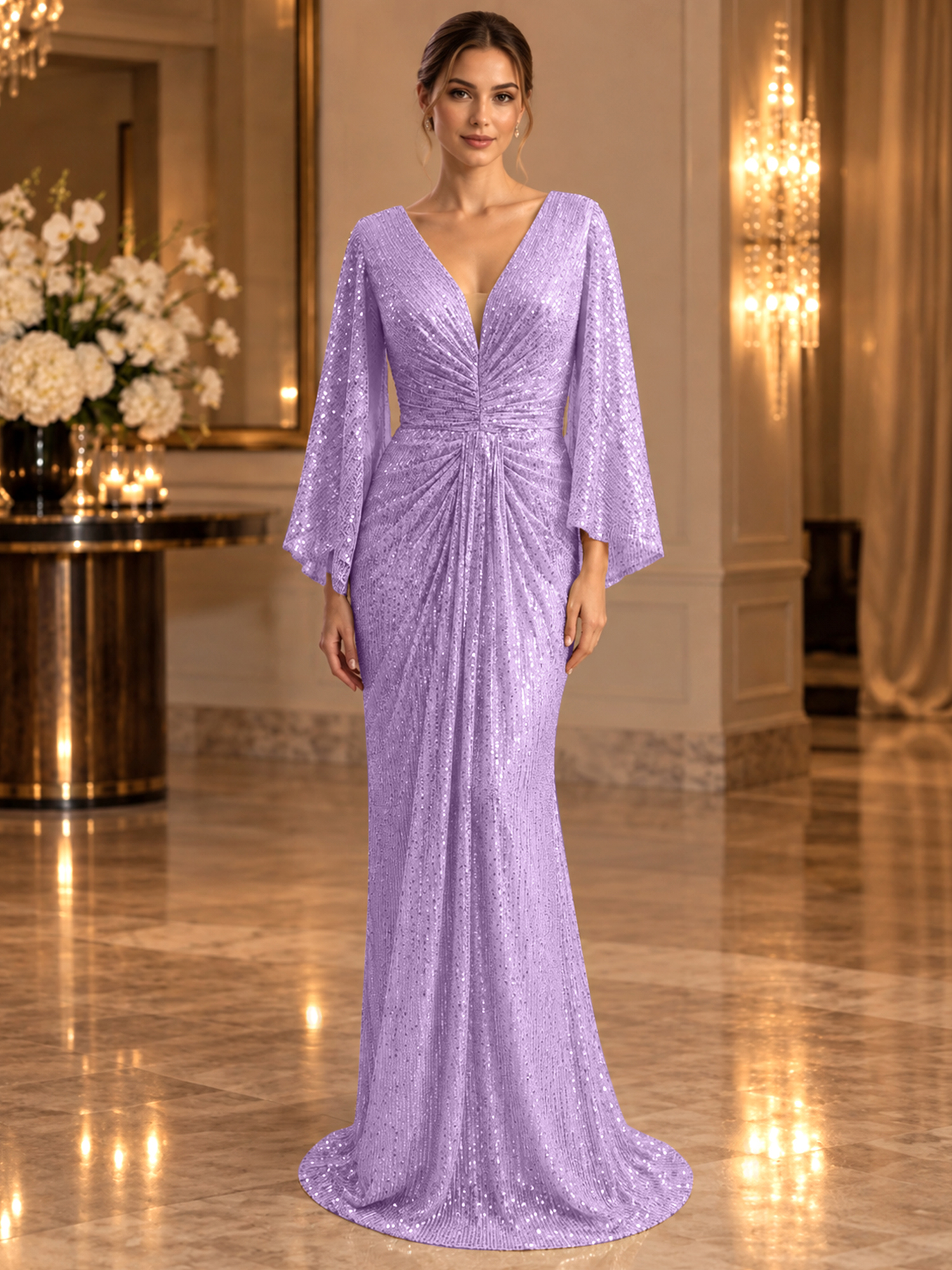 Gold Sequined V Neck Flare Sleeve Mermaid Maxi Dress