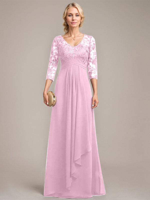 A-line V-Neck Floor-Length Lace Chiffon Mother of the Bride Dress With Cascading Ruffles Sequins