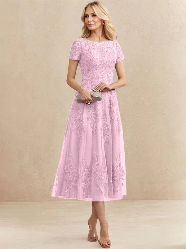 A-line Scoop Tea-Length Tulle Lace Mother of the Bride Dress