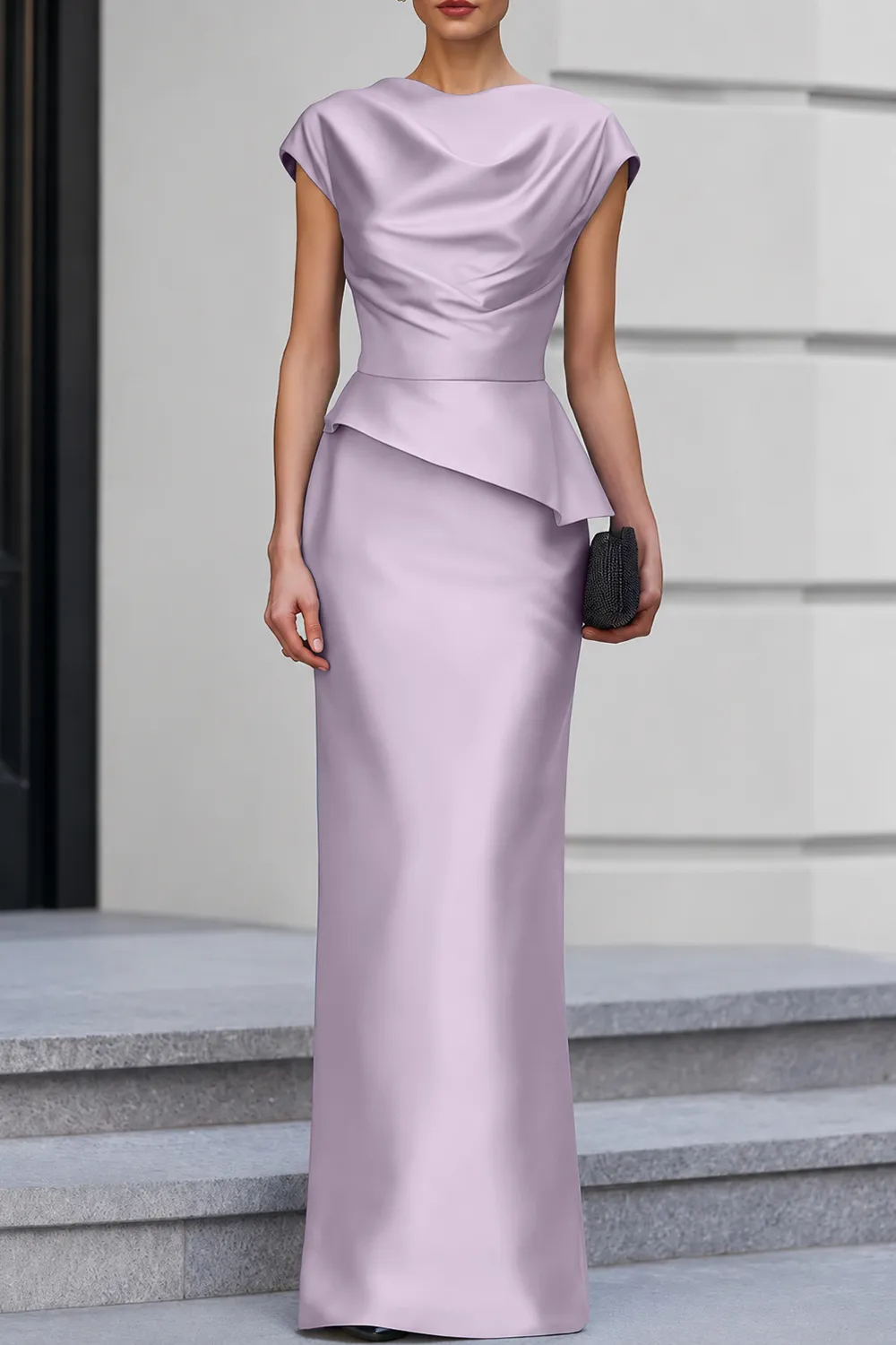 Navy Blue Cap Sleeve Satin Cowl Neck Peplum Maxi Dress