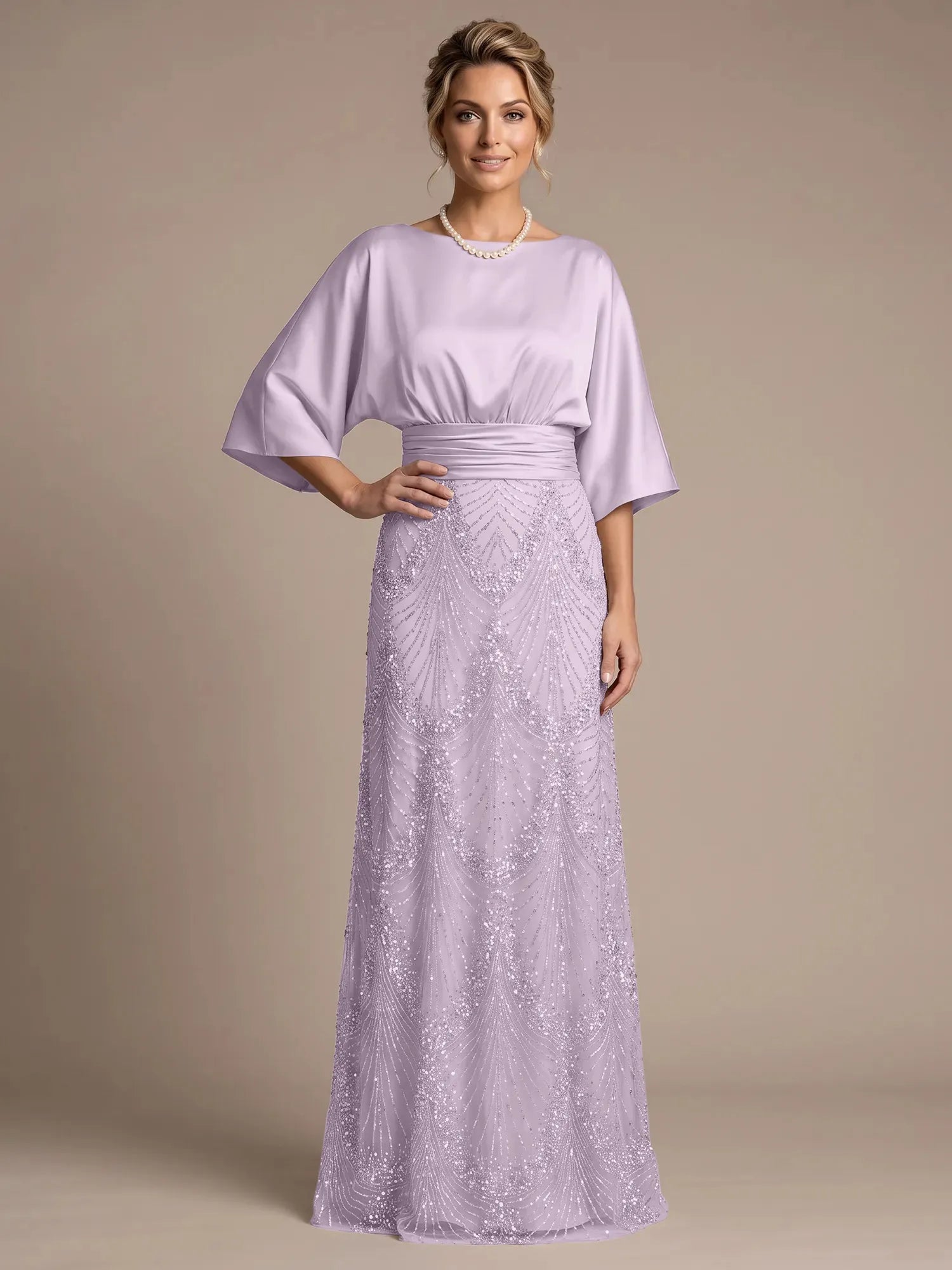 Champagne Bateau Neck Satin 3/4 Batwing Sleeves Maxi Dress