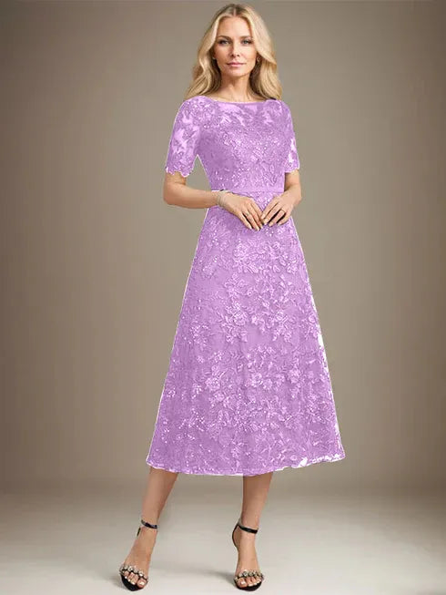 A-line Scoop Illusion Tea-Length Lace Mother of the Bride Dress With Sequins