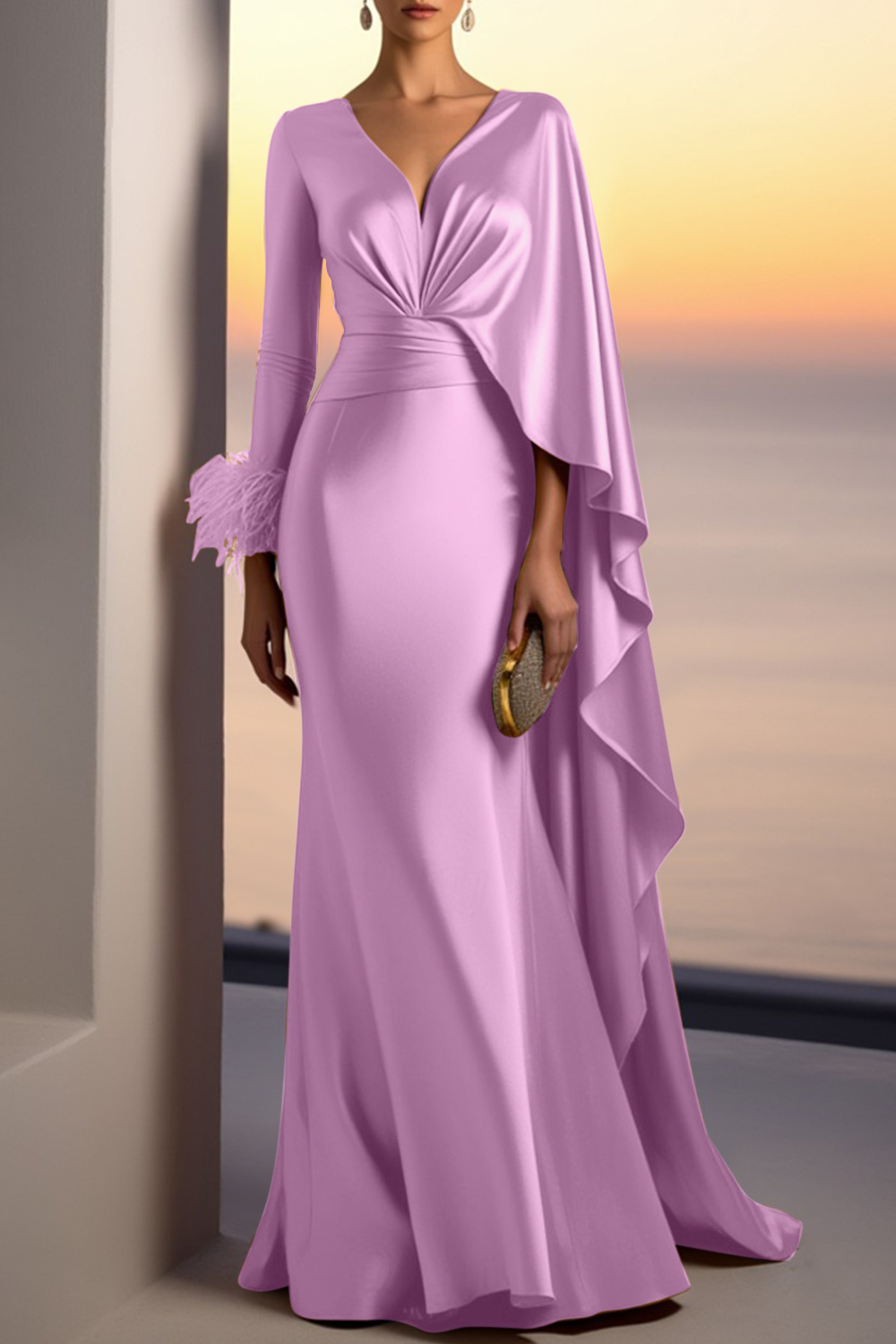 Evening Formal Gold Satin Dress V Neck Long Sleeve Cape Maxi Gown