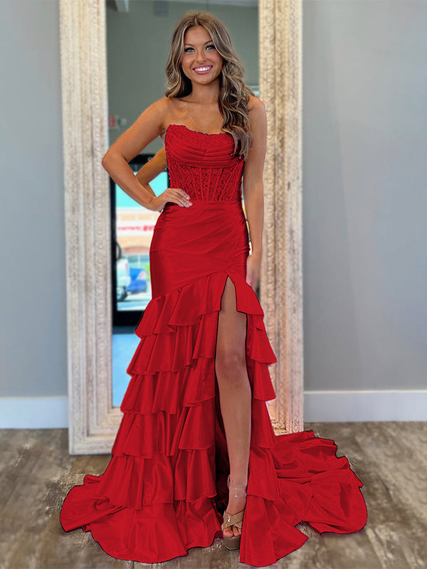 Pink Mermaid Strapless Satin Tiered Long Prom Dress with Sequins