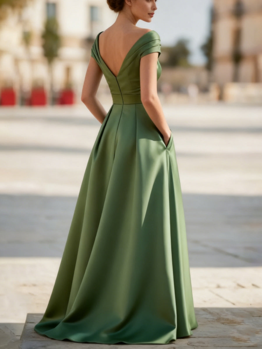 A-Line/Princess Satin V-Neck Evening Dresses Sleeveless Pleated Floor-Length Party Dresses