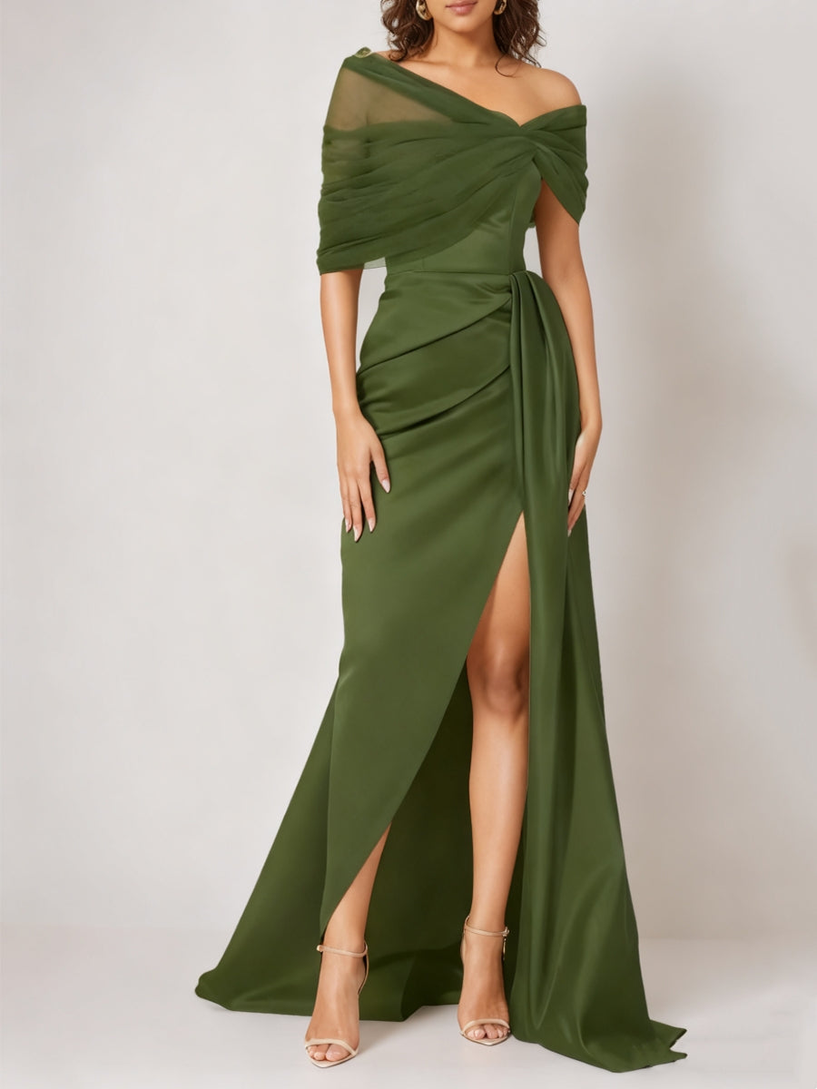 Trumpet/Mermaid Off-The-Shoulder Evening Dresses with Split Front Satin Tulle Floor-Length Party Dresses